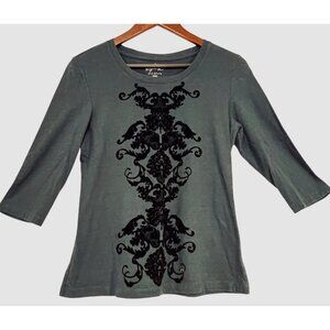 Style & Co Sport Blue 3/4 Sleeve Stretch-Top Black Damask Print Design Size M